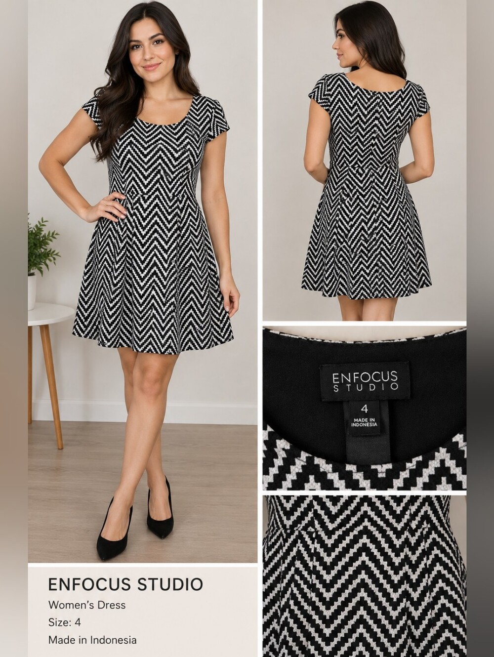 Enfocus Studio Black and White Chevron Cap-Sleeve Fit-and-Flare Dress